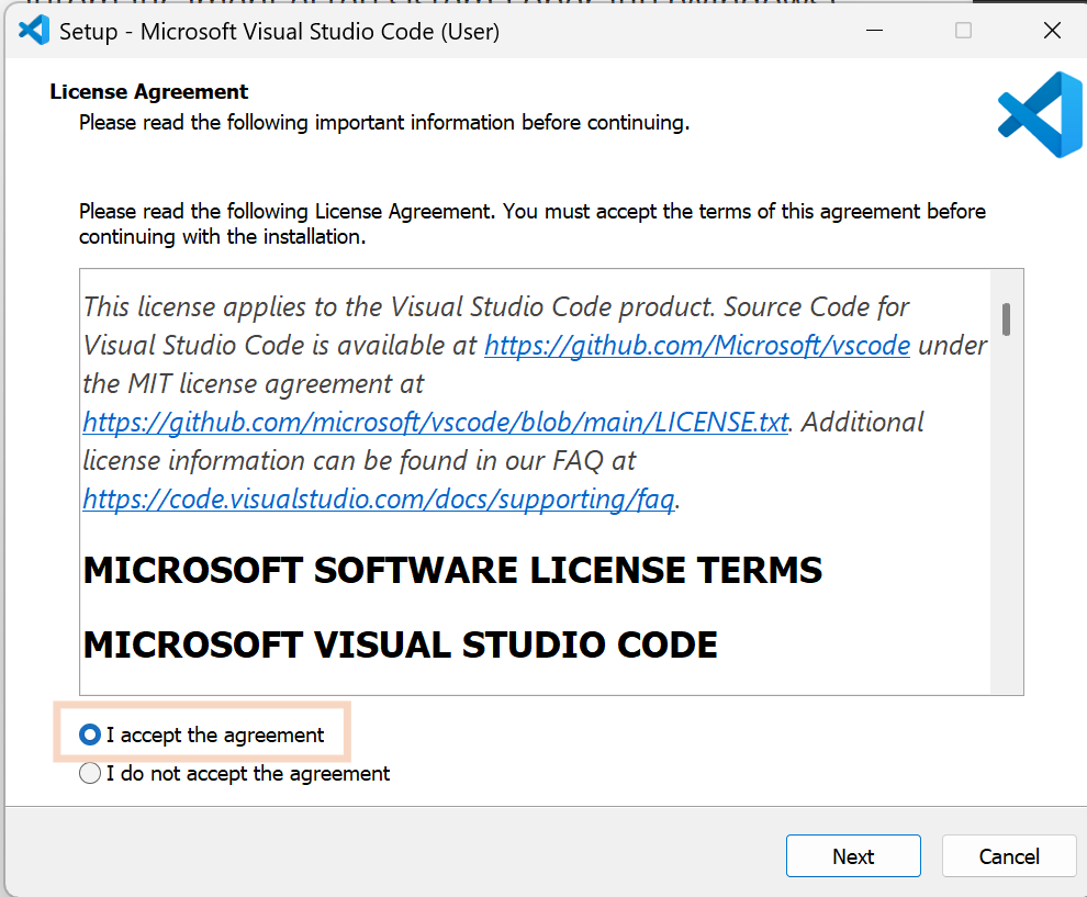 Acceptar llicència VS Code