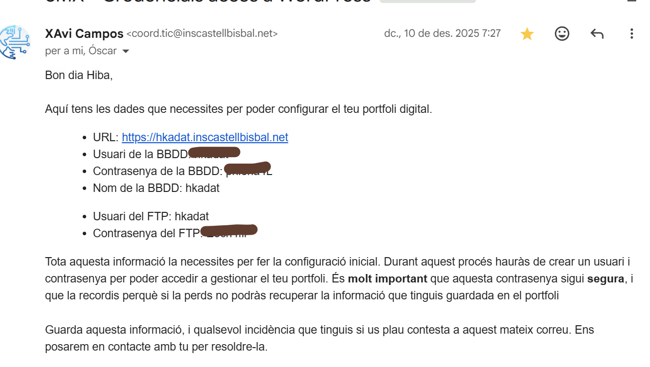 Correu electrònic amb les credencials del servidor