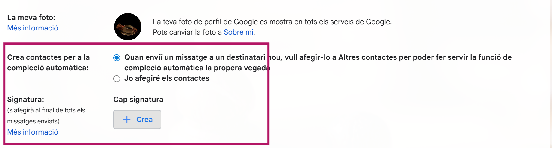 Secció de Signatura a Gmail