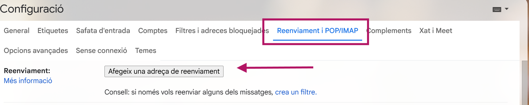 Afegir adreça de reenviament
