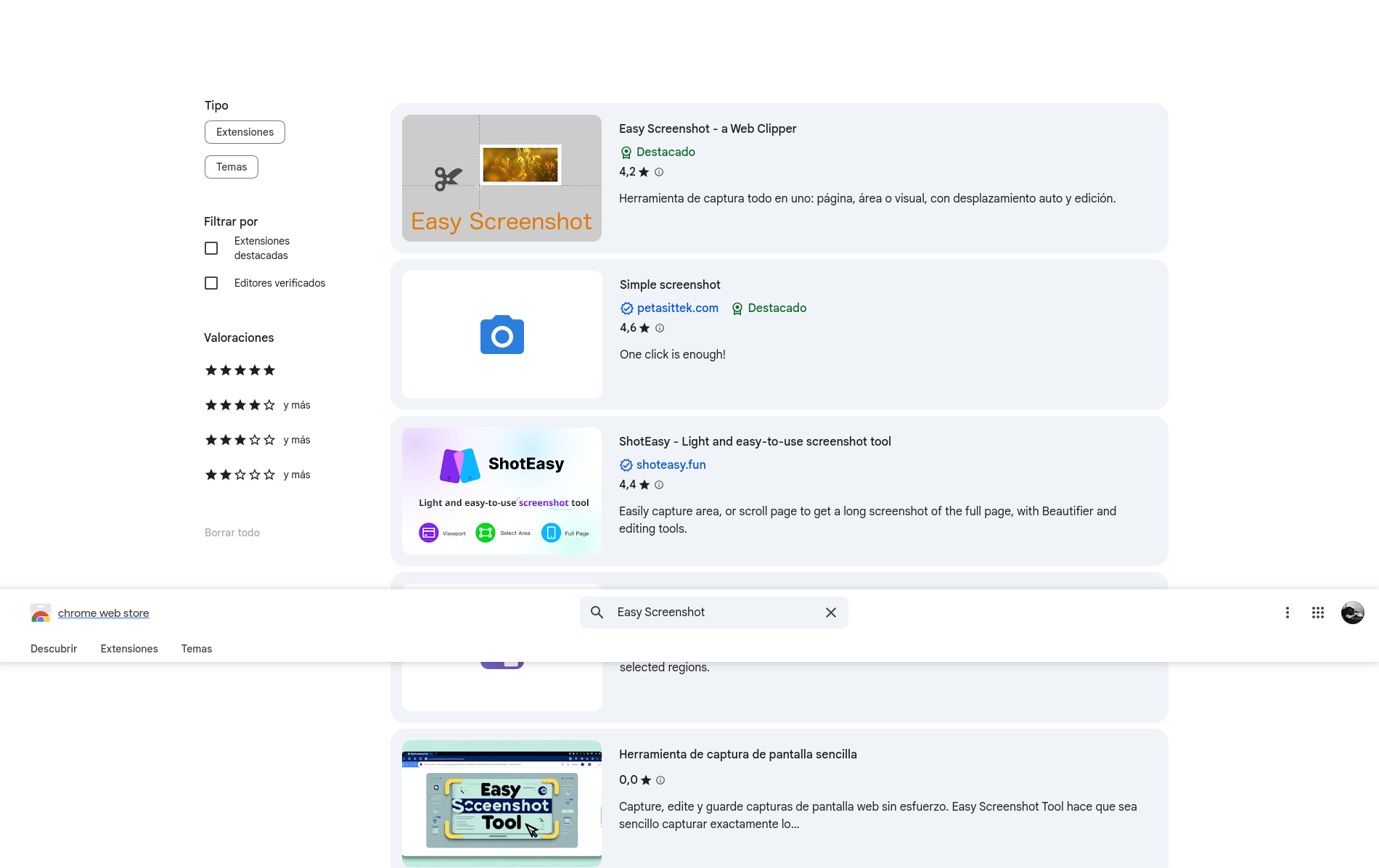 Chrome Web Store — cerca Easy Screenshot