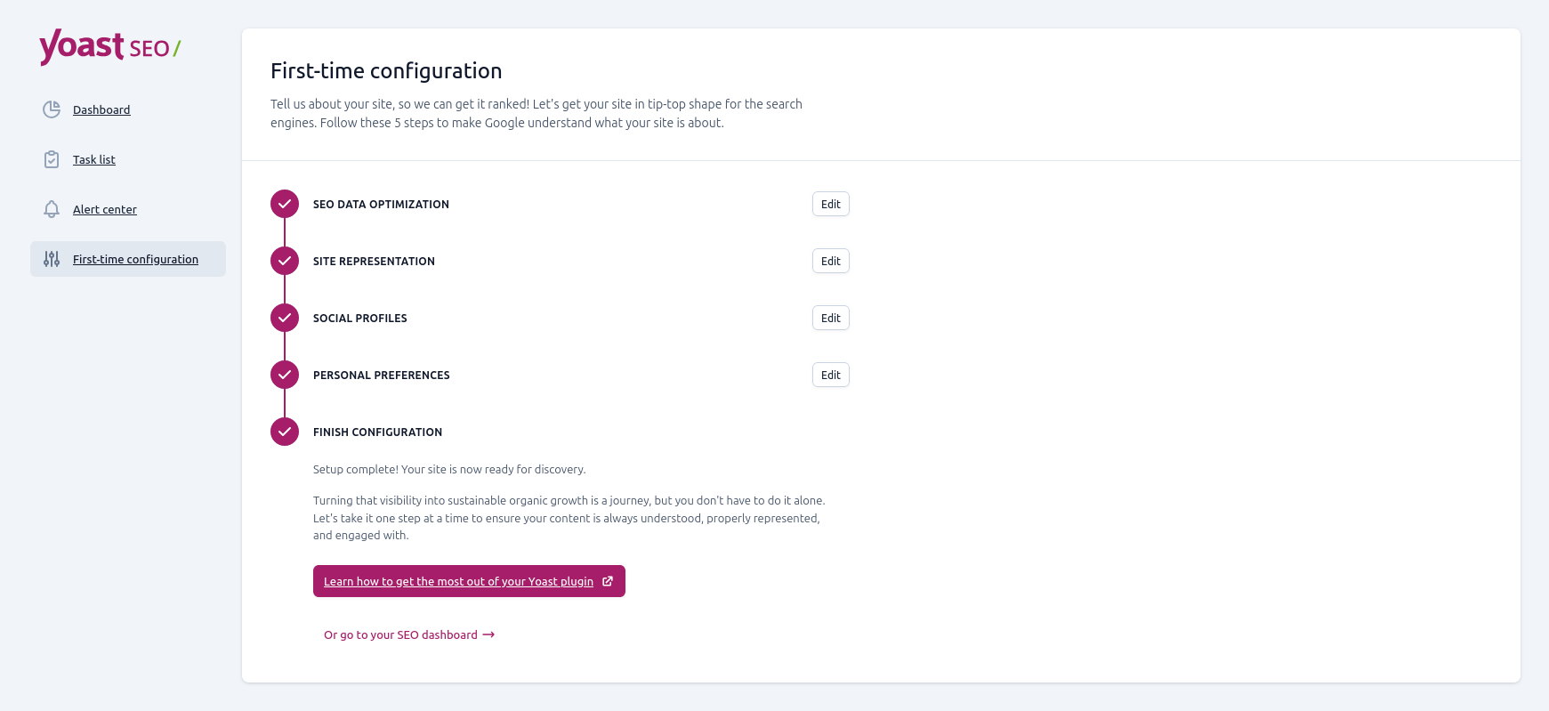 Dashboard de configuració de Yoast SEO
