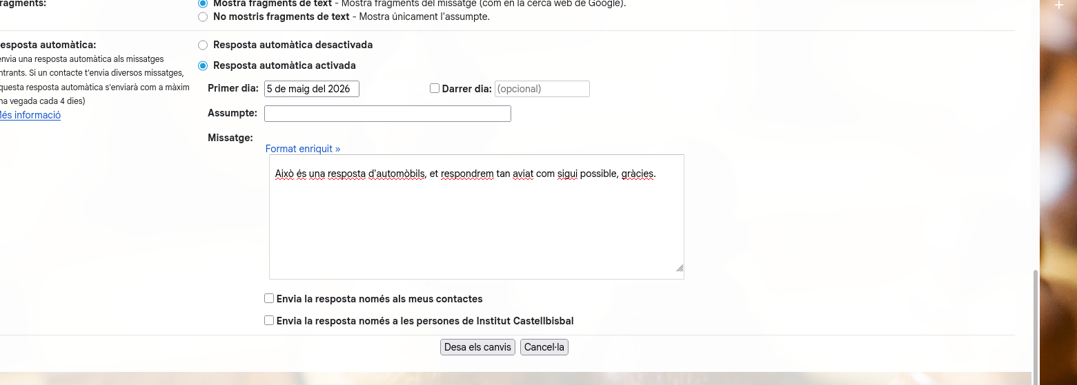 Panell de resposta automàtica Gmail