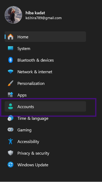 Windows Settings — apartat Accounts