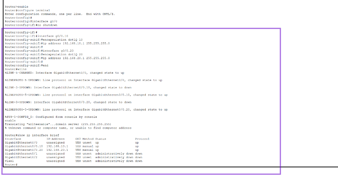 Router subinterfaces G0/0.10 G0/0.20