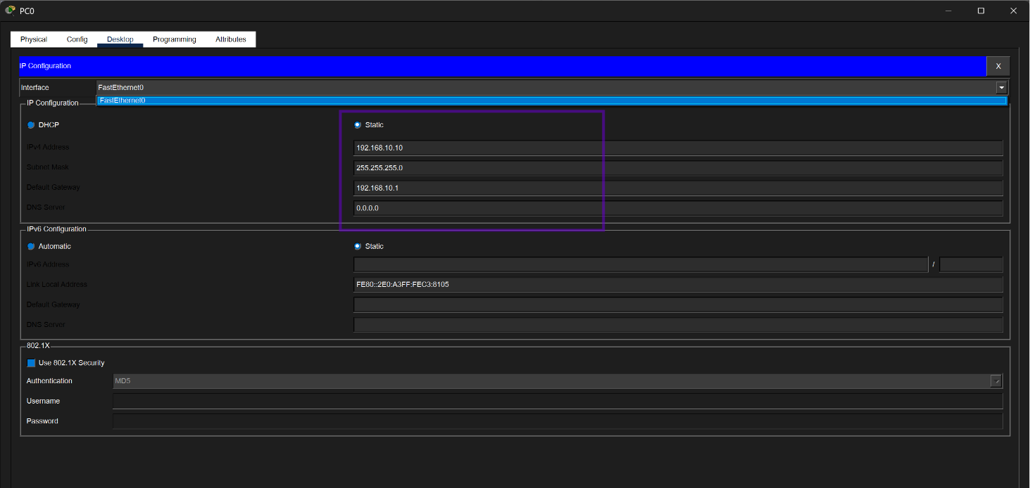 Configuració IP host VLAN 10