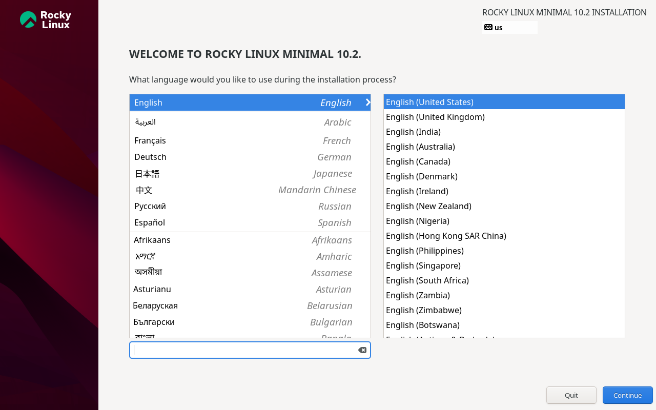 Selecció idioma Rocky Linux